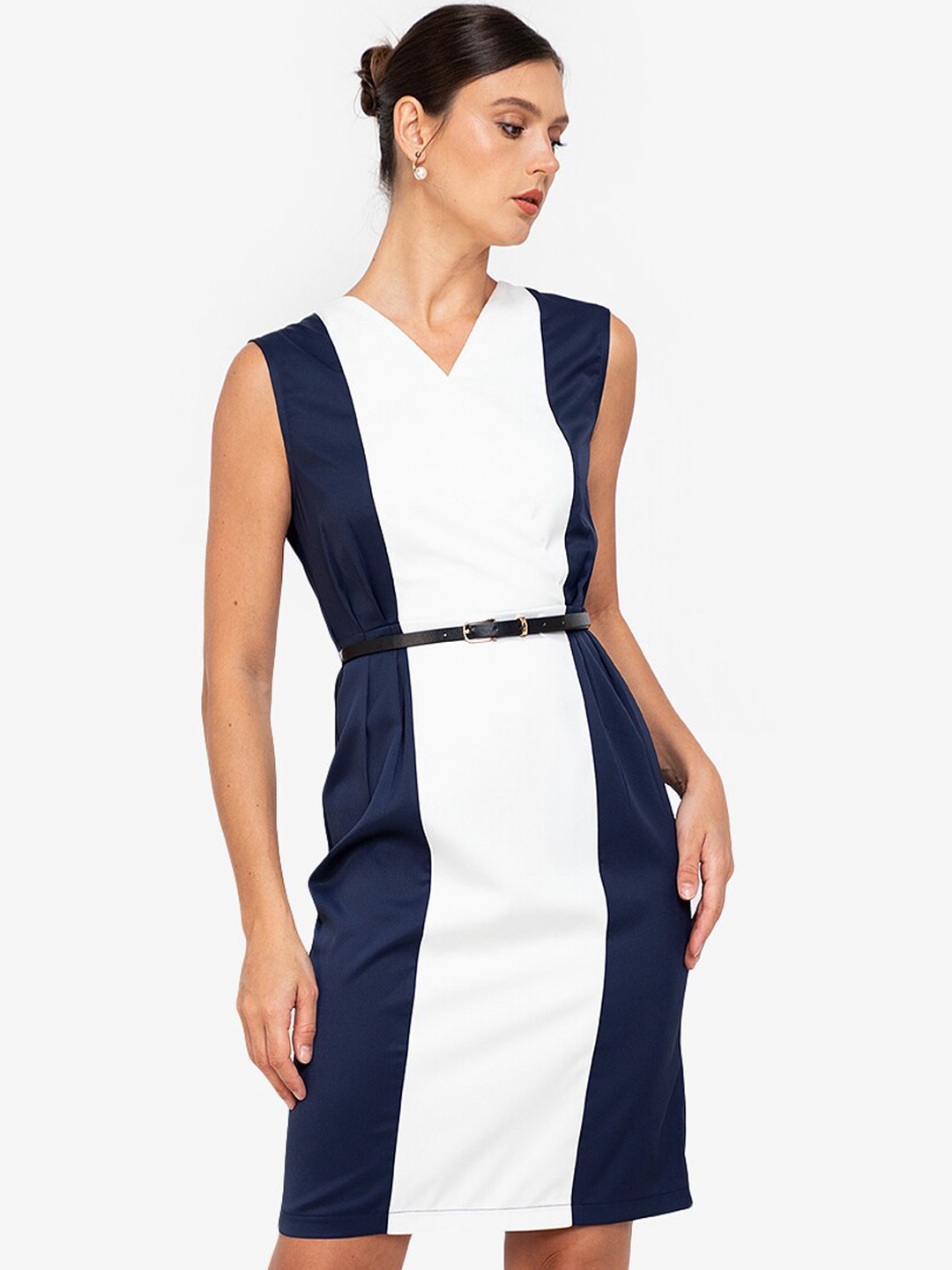 

ZALORA WORK White & Navy Blue Colourblocked V-Neck Formal Sheath Dress