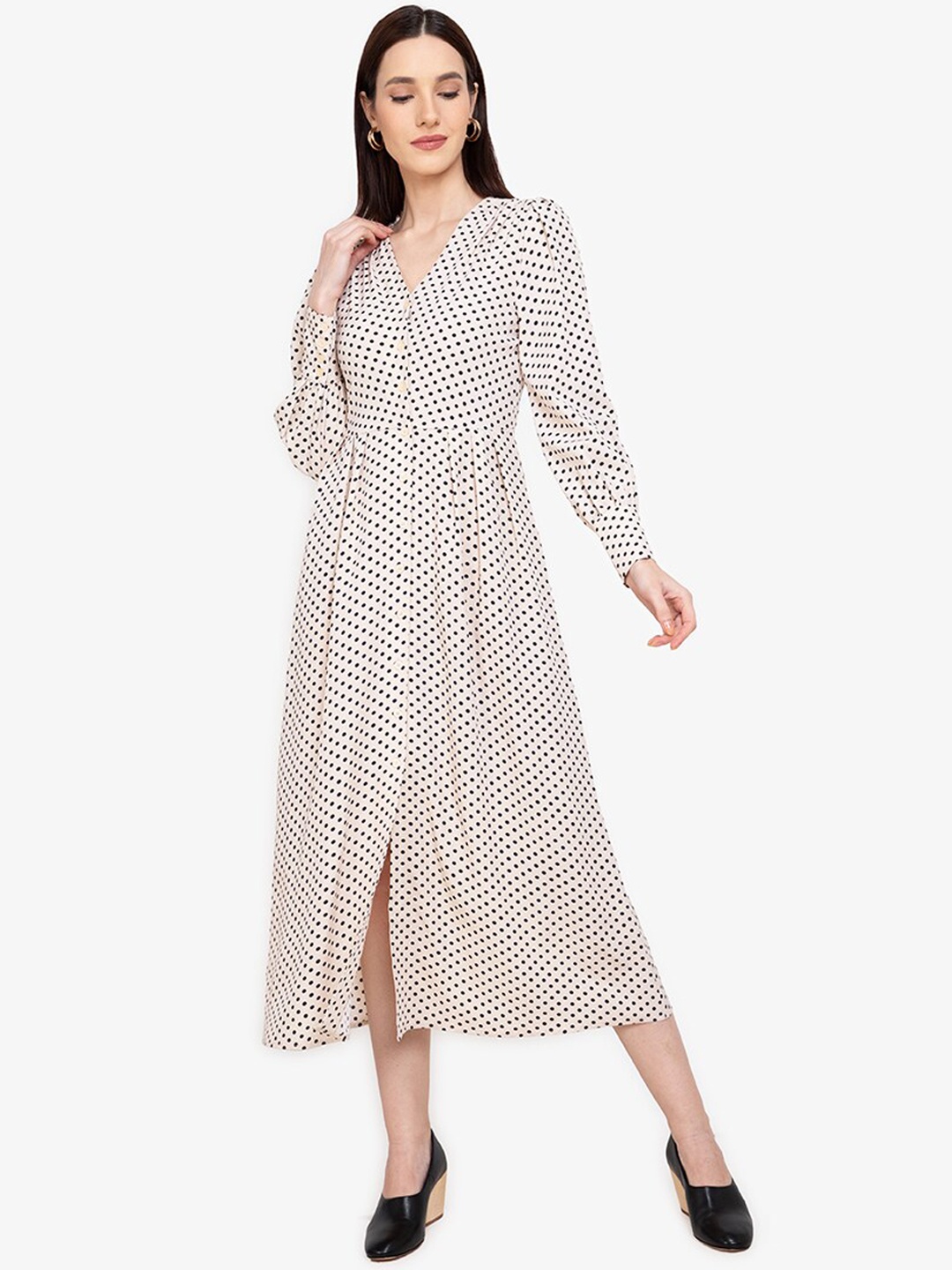 

ZALORA WORK Women Beige Polka Dot Printed Shirt Maxi Dress