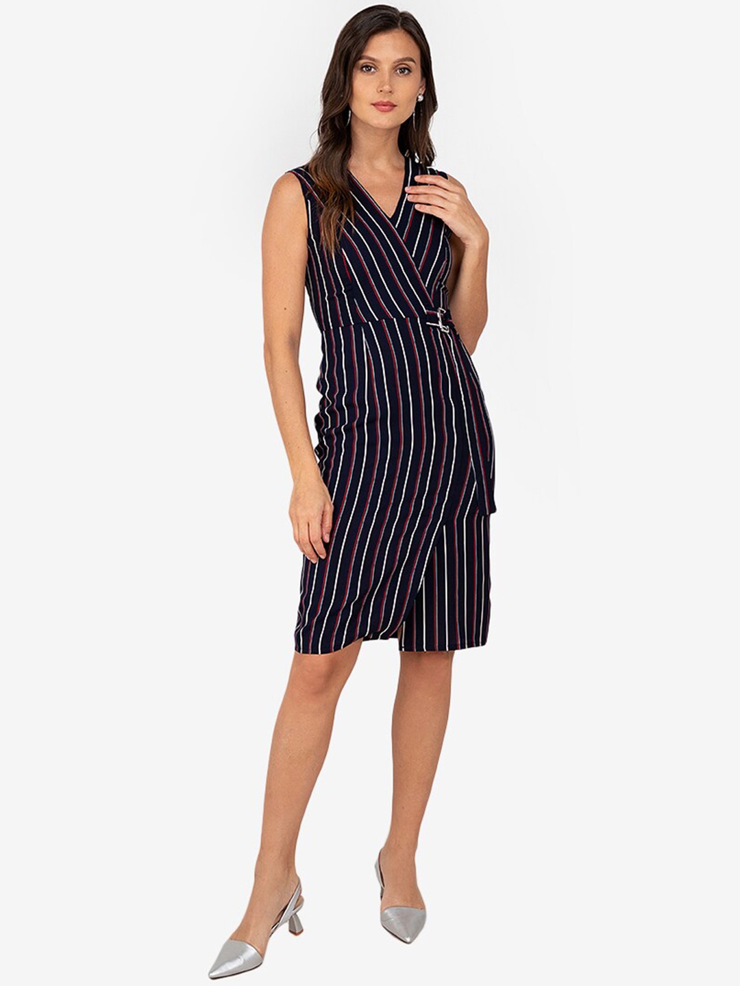 

ZALORA WORK Women Navy Blue & White Striped V-neck Wrap Dress