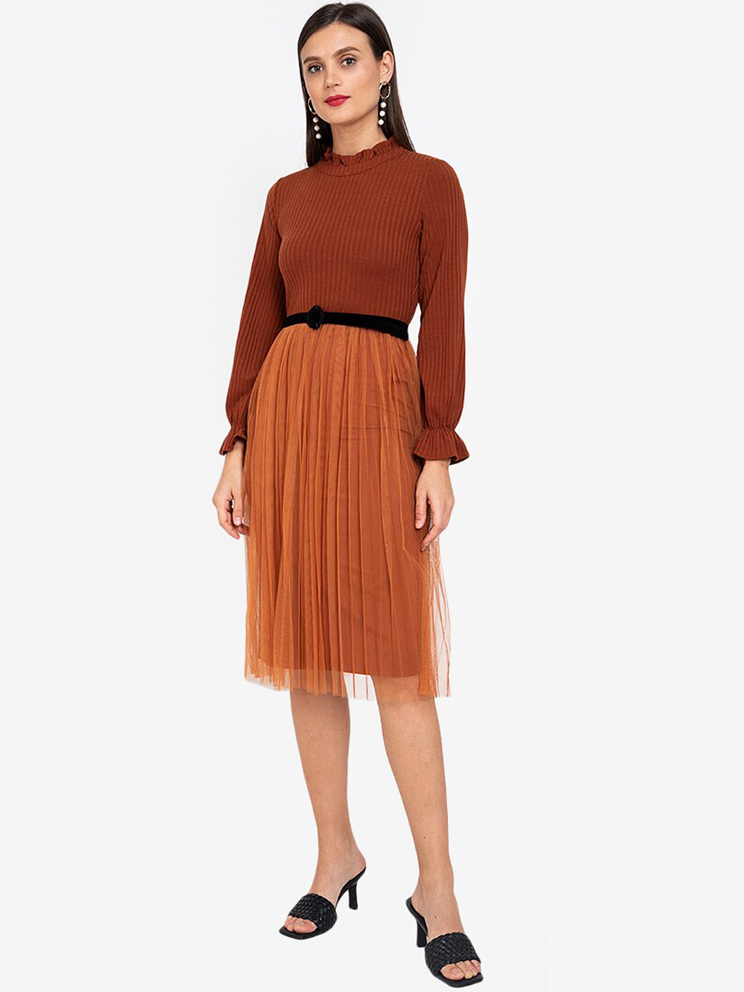

ZALORA WORK Women Brown Solid Pinafore Midi Dress