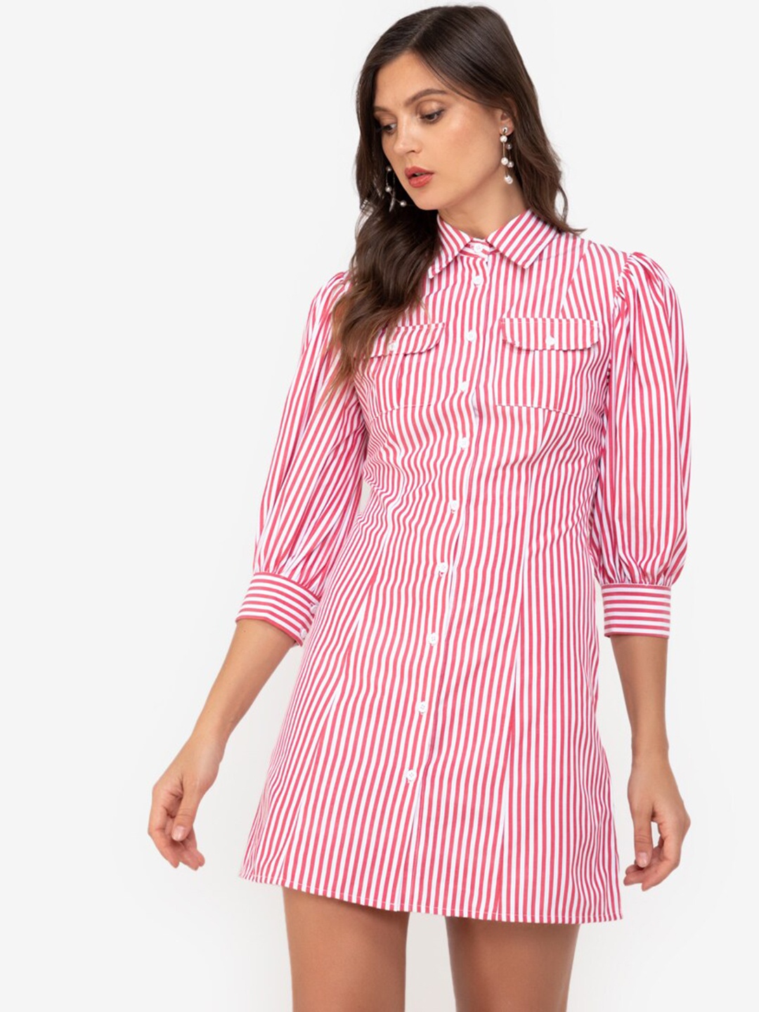 

ZALORA WORK Pink & White Striped Puff Sleeve Shirt Mini Dress