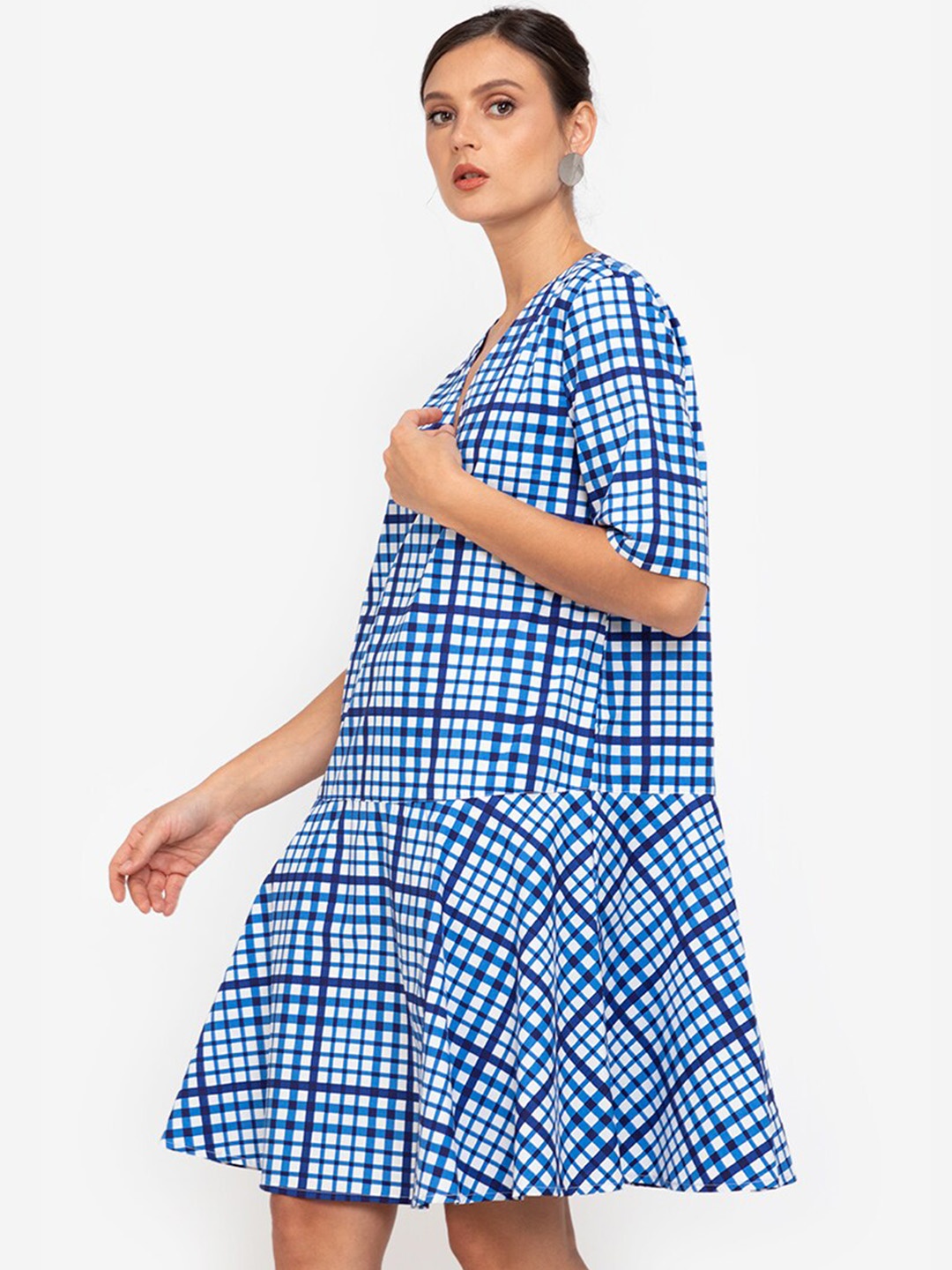 

ZALORA WORK Blue & White V-Neck Checked Drop-Waist Dress