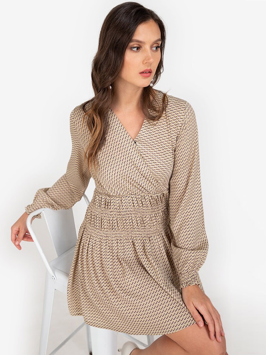 

ZALORA WORK Beige Printed Wrap Dress