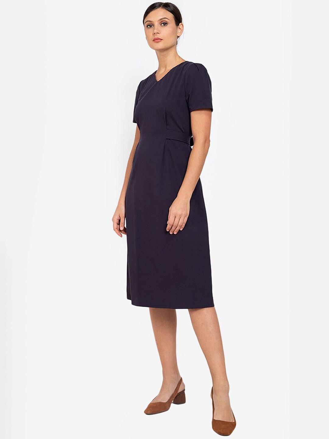 

ZALORA WORK Navy Blue Solid Pure Cotton Sheath Midi Dress