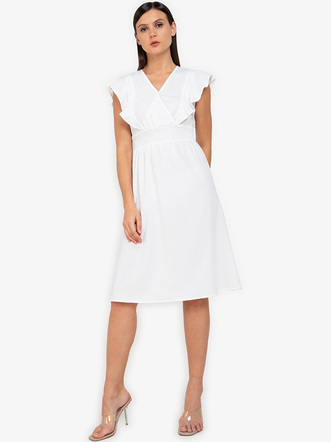 

ZALORA WORK White Ruffled Smocked Wrap Midi Dress