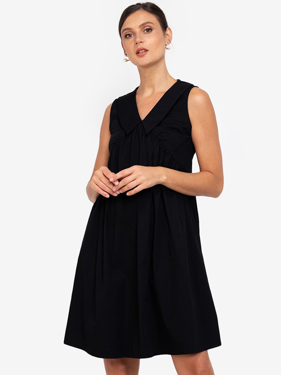 

ZALORA WORK Black Gathered Pure Cotton A-Line Mini Dress