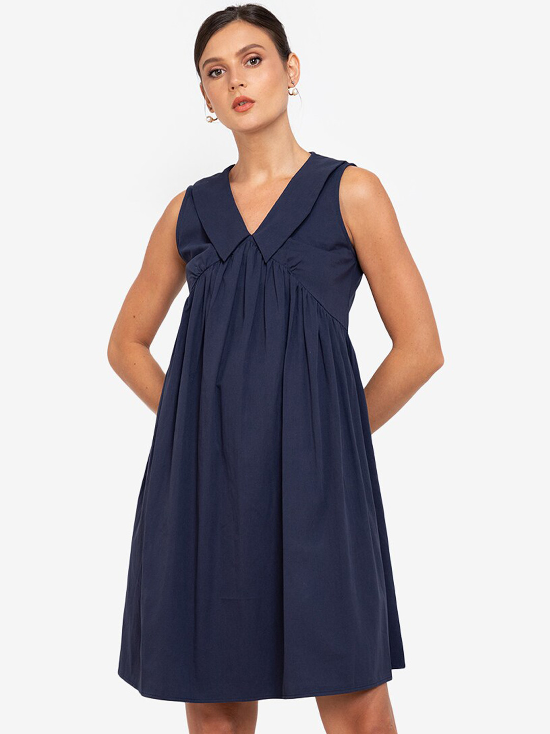 

ZALORA WORK Navy Blue Solid Gathered Pure Cotton A-Line Dress