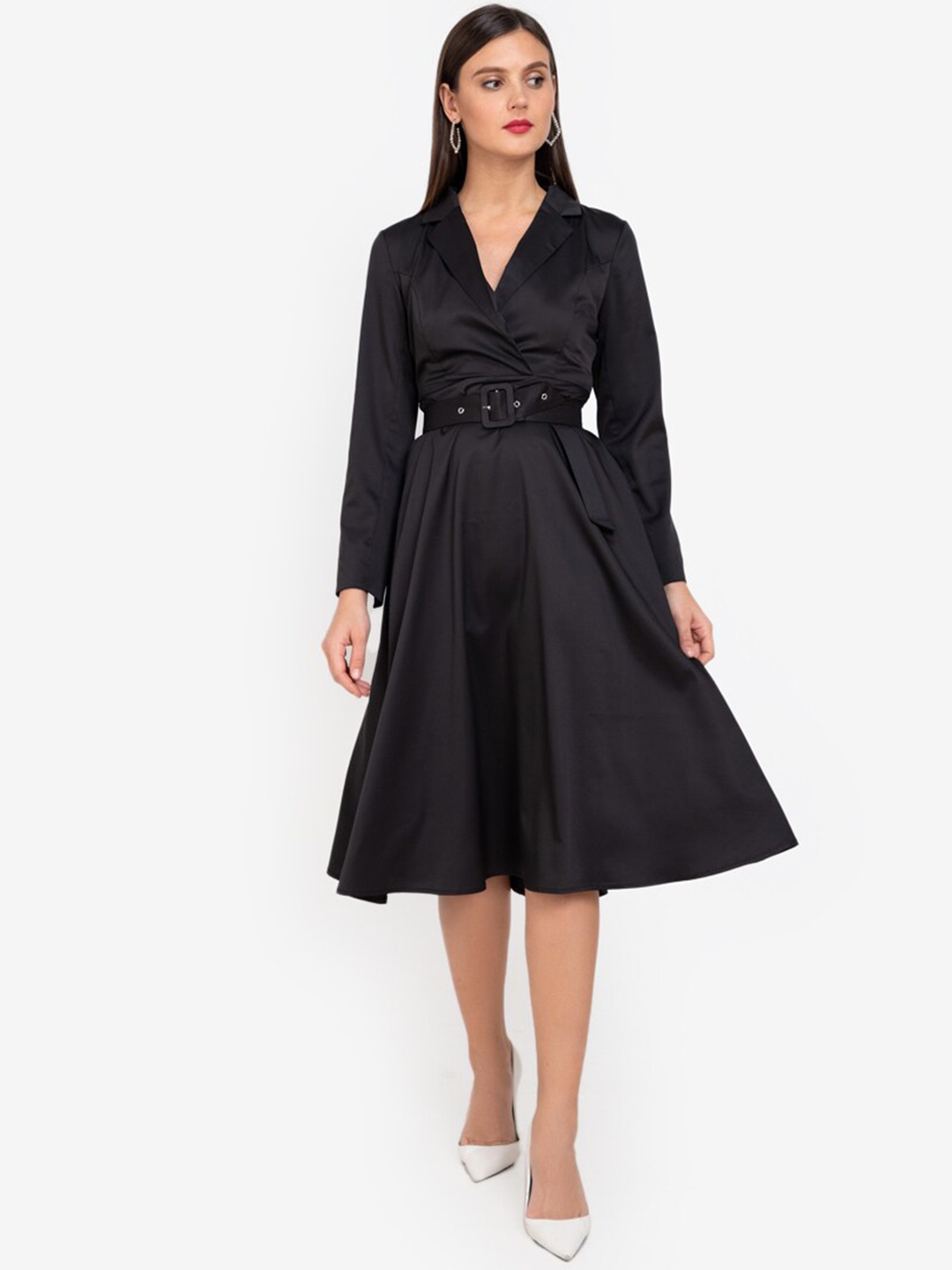 

ZALORA WORK Black Solid Belted Fit & Flare Dress