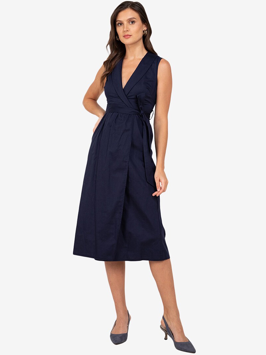

ZALORA WORK Women Navy Blue Solid Wrap Dress