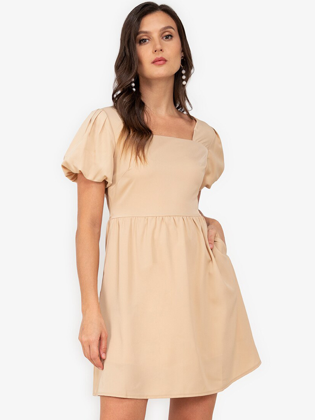 

ZALORA WORK Beige Solid Puff Sleeves Fit & Flare Mini Dress