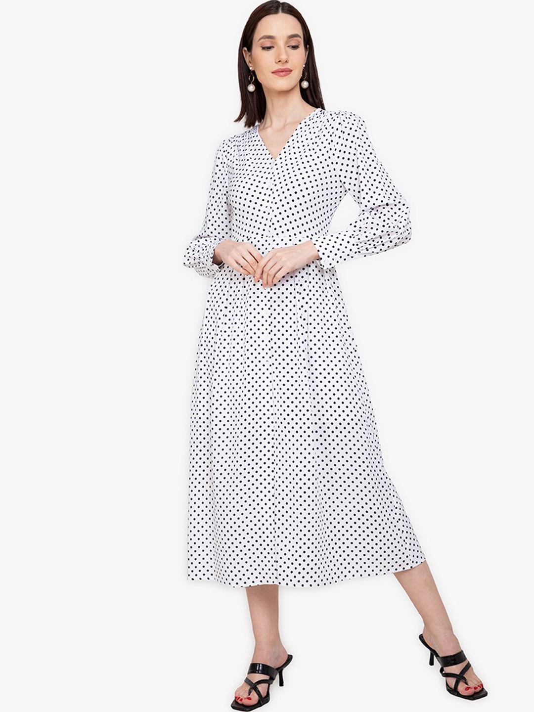 

ZALORA WORK White & Black Polka Dots Printed Fit & Flare Midi Dress