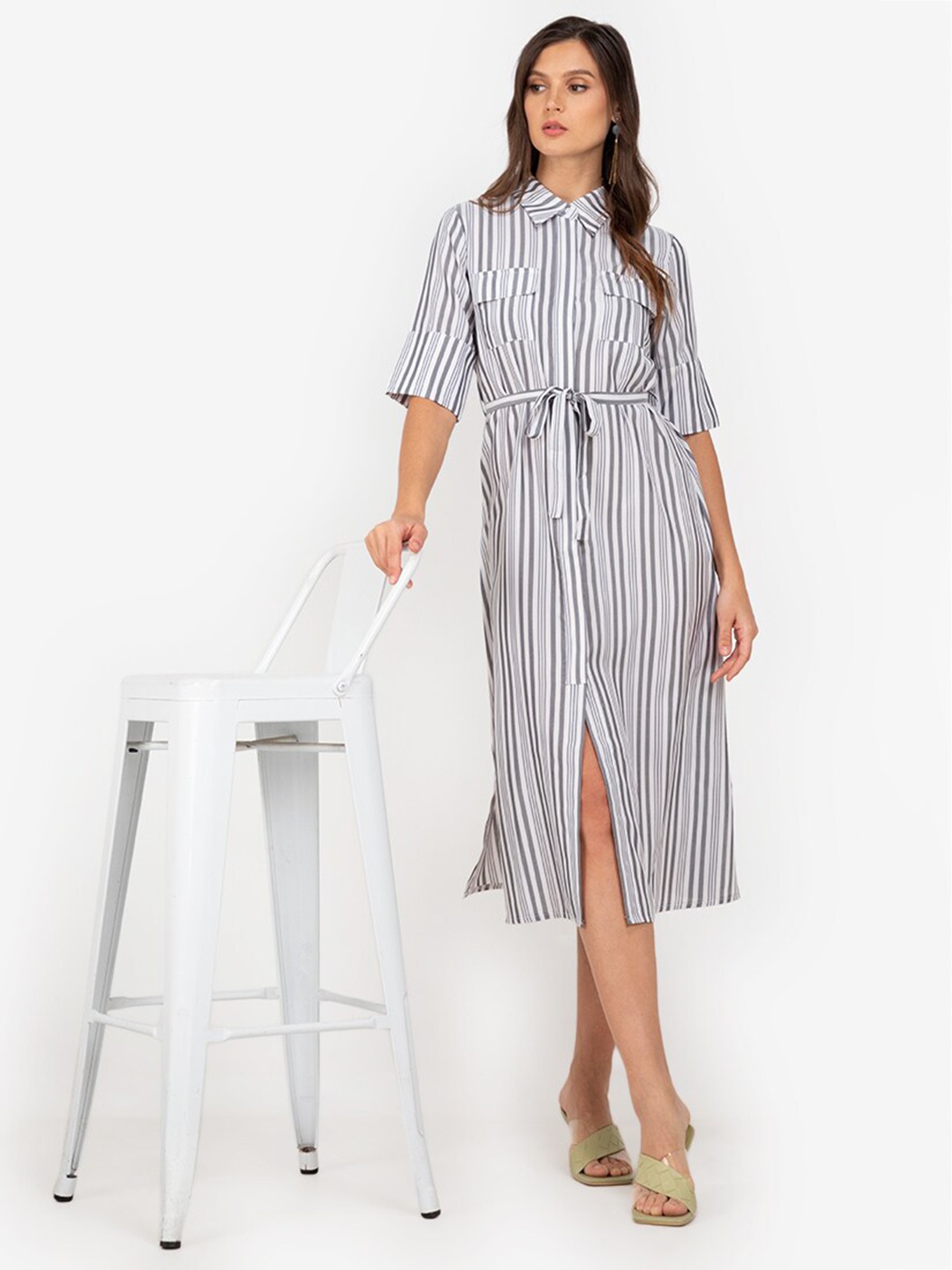 

ZALORA WORK White & Blue Striped Shirt Dress