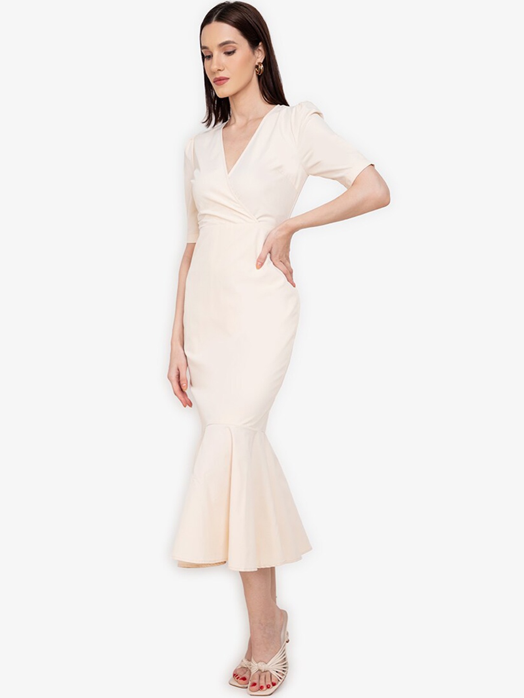 

ZALORA WORK Women Beige Solid Wrap Dress