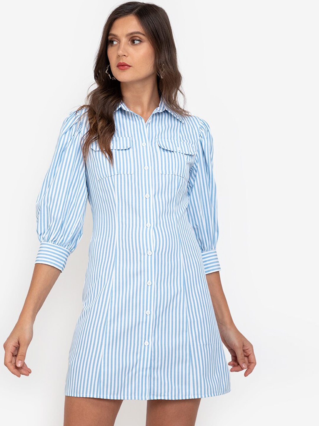 

ZALORA WORK White & Blue Striped Shirt Mini Dress