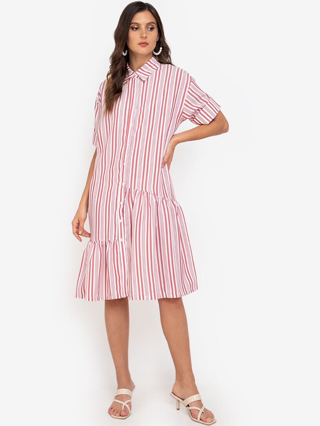 

ZALORA WORK Pink & White Striped Shirt Midi Dress