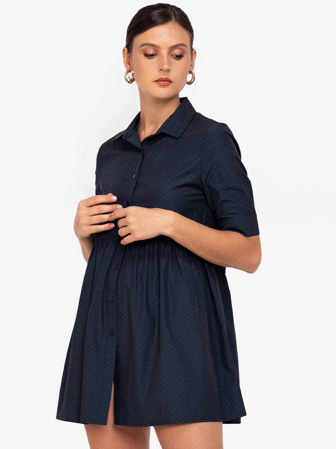 

ZALORA WORK Navy Blue Solid Cotton Shirt Mini Dress
