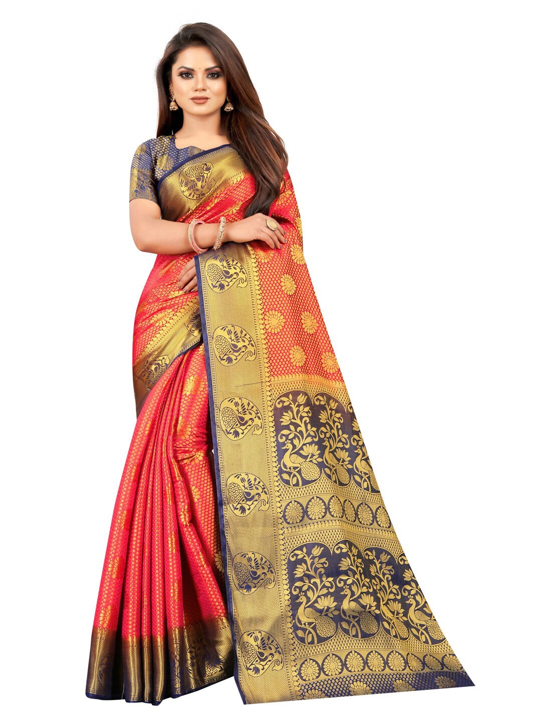 

PERFECT WEAR Orange & Navy Blue Woven Design Zari Silk Cotton Banarasi Saree