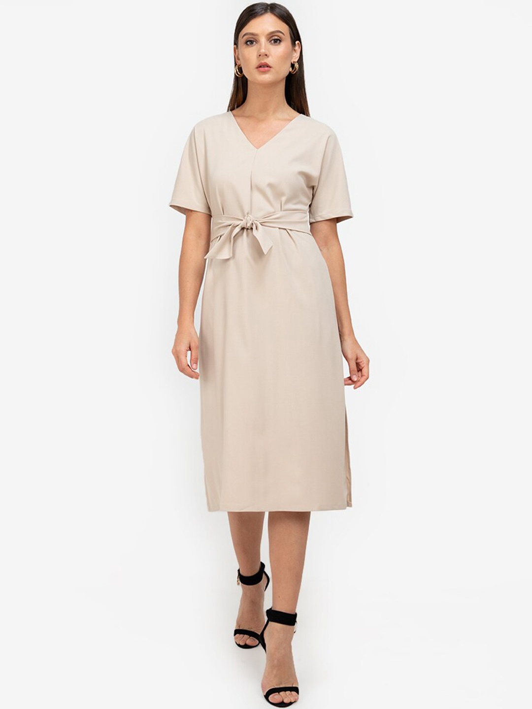 

ZALORA WORK Beige Waist Tie Formal Sheath Midi Dress