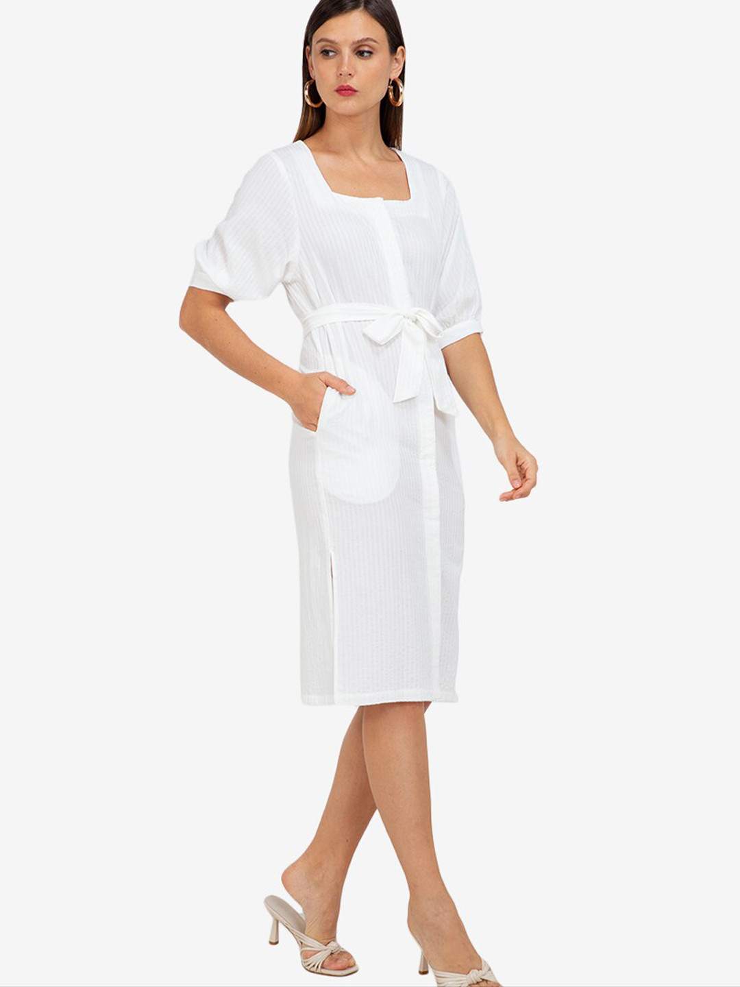 

ZALORA WORK White Puff Sleeves Pure Cotton Sheath Dress