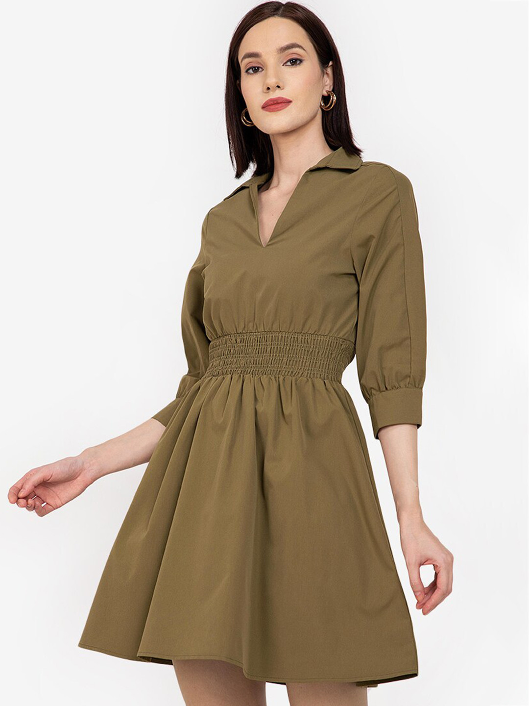 

ZALORA WORK Green Smocked Fit & Flare Mini Dress