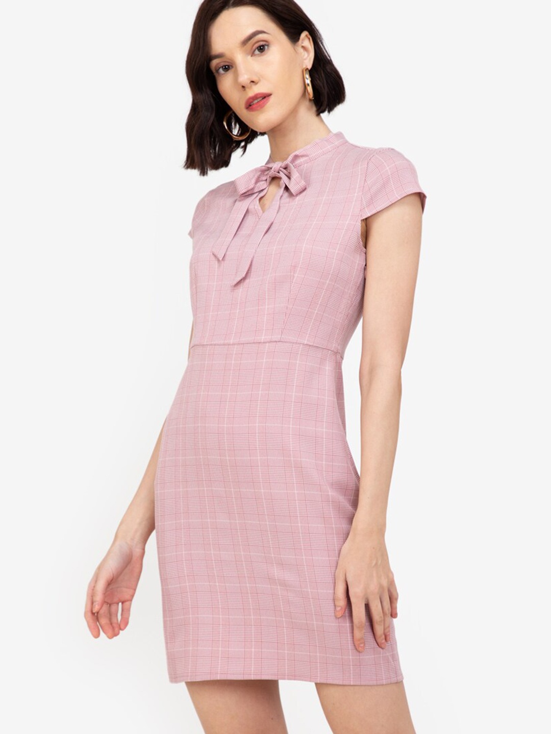 

ZALORA WORK Pink Checked Tie-Up Neck Formal Bodycon Mini Dress