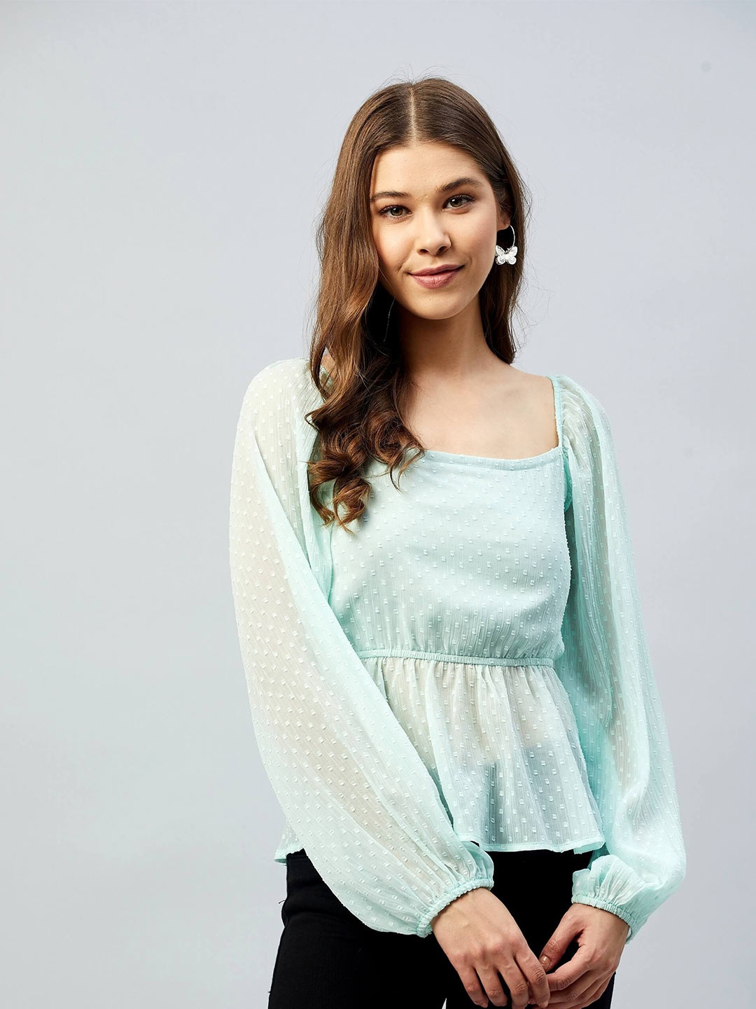 

DELAN Sea Green Square Neck Sheer Top