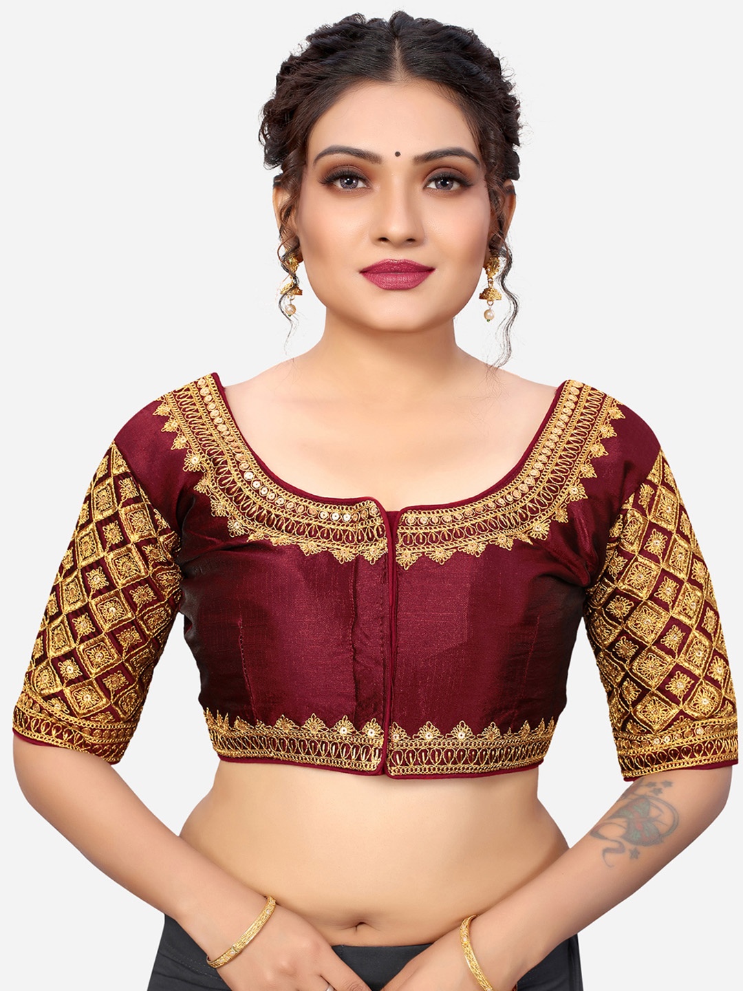 

SIRIL Women Maroon Embroidered Silk Saree Blouse