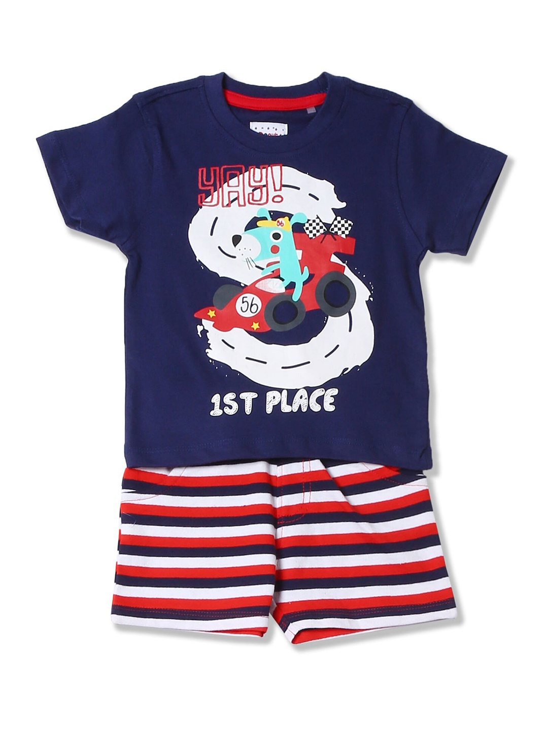 

Donuts Boys Navy Blue & Red Printed Pure Cotton T-shirt with Shorts