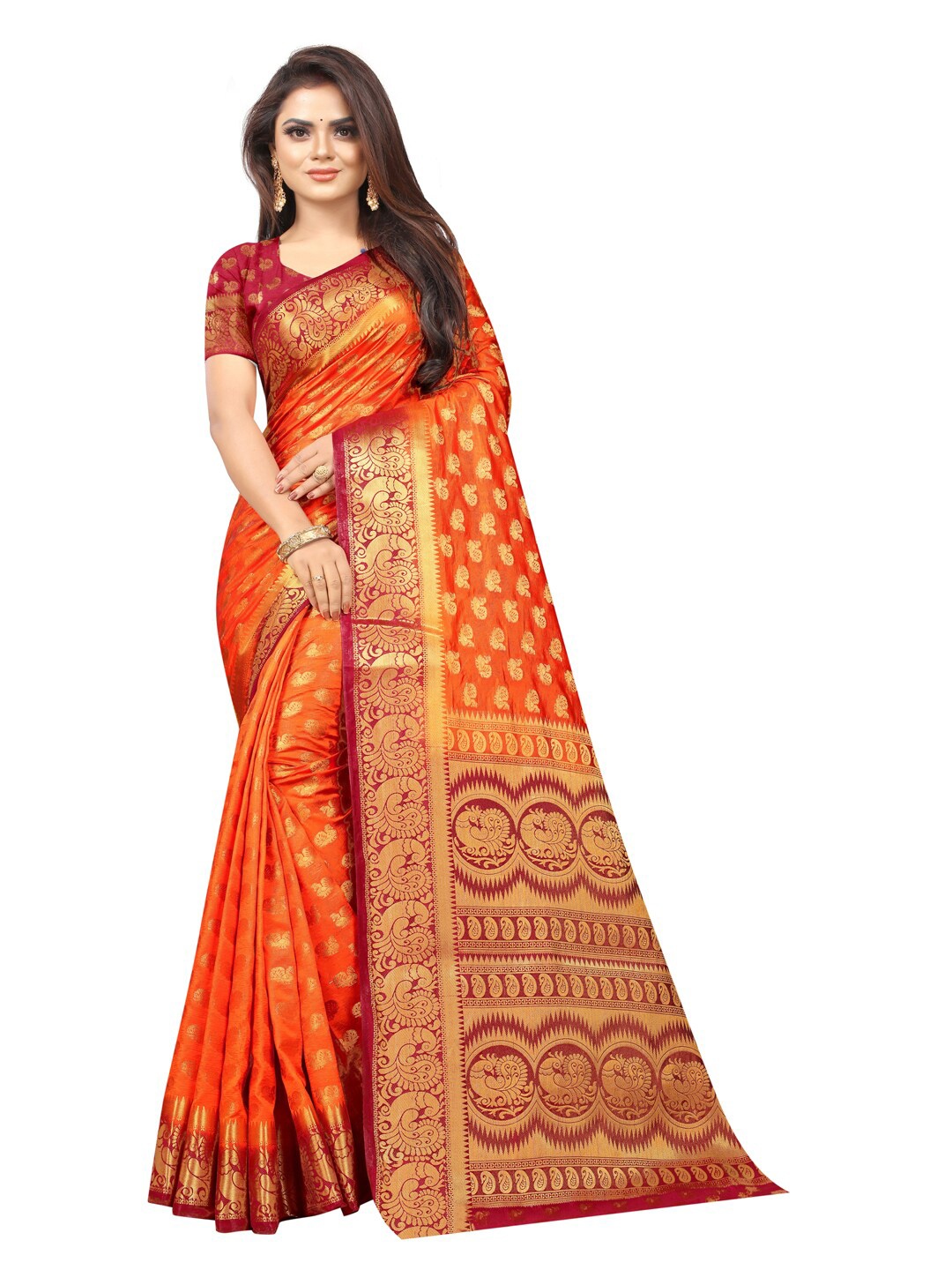 

PERFECT WEAR Orange & Gold-Coloured Ethnic Motifs Zari Silk Cotton Banarasi Saree