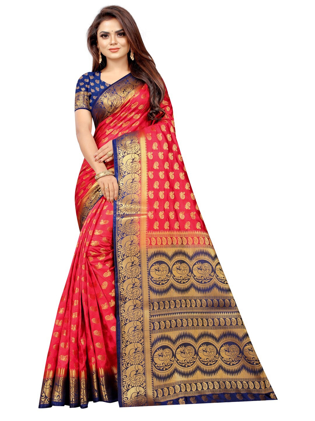 

PERFECT WEAR Red & Navy Blue Ethnic Motifs Zari Silk Cotton Banarasi Saree