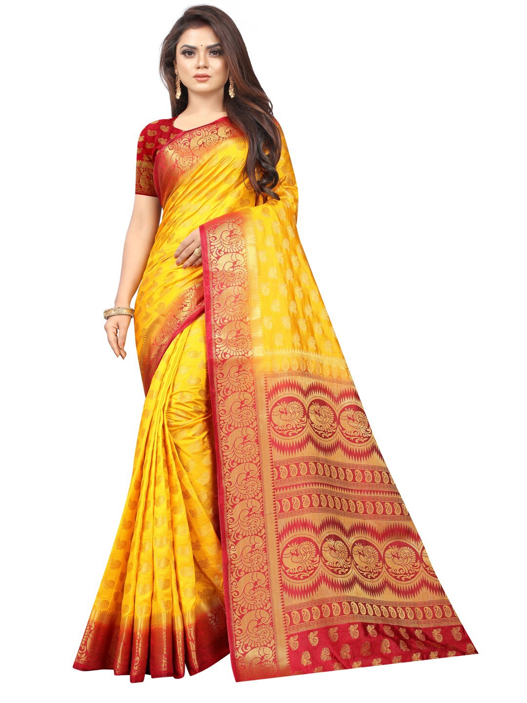 

PERFECT WEAR Yellow & Red Woven Design Zari Silk Cotton Saree