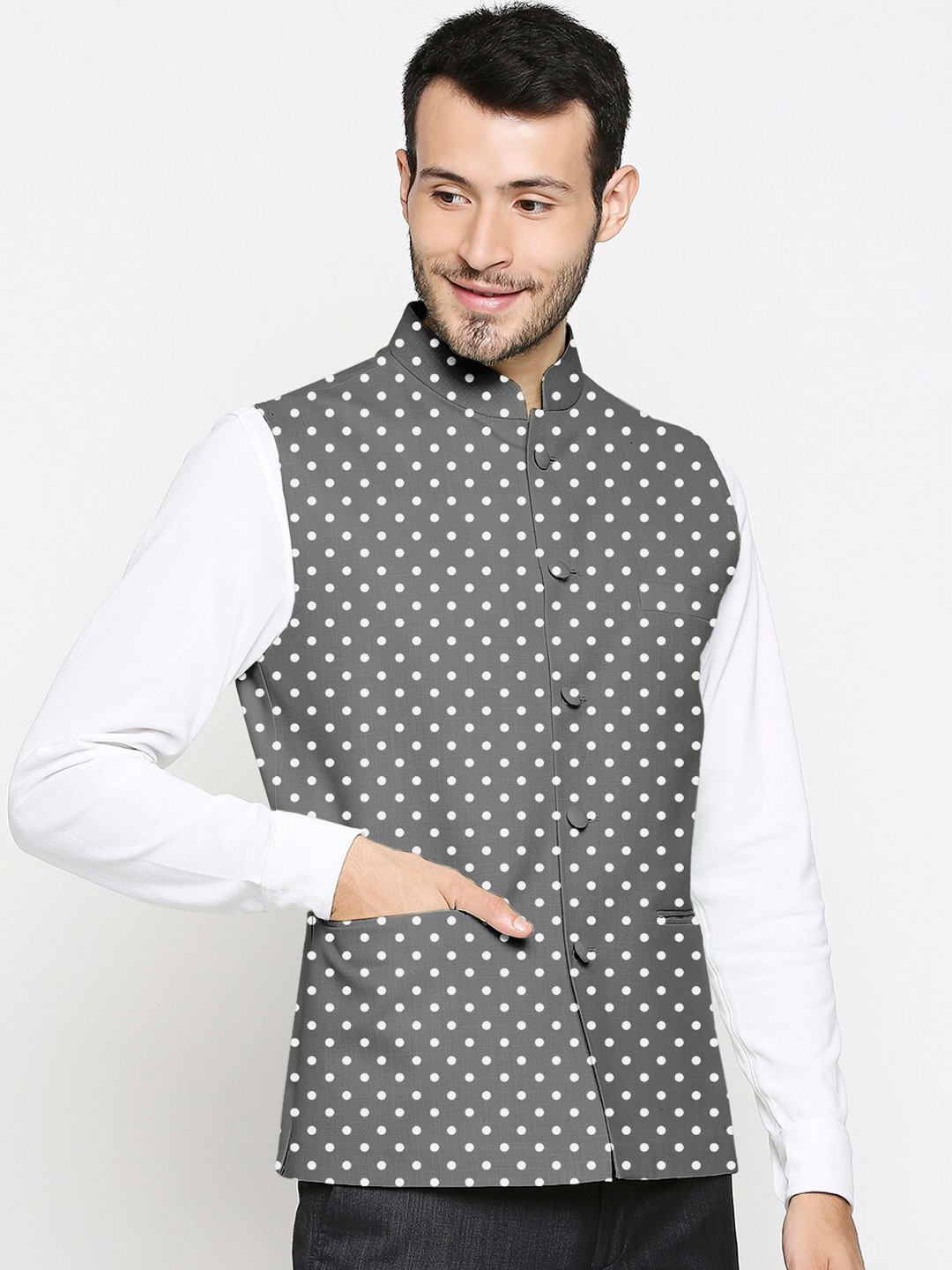 

Blacksmith Black Polka Dot Matt Finish Nehru Jacket