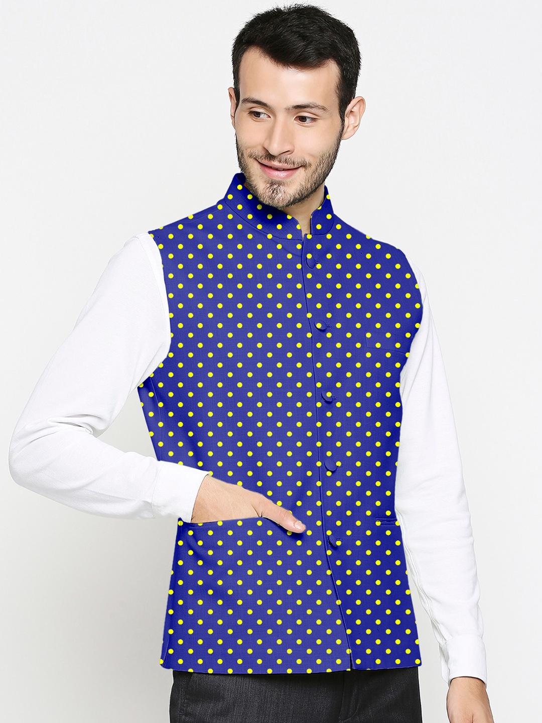 

Blacksmith Men Blue & Yellow Polka Dot Printed Satin Nehru Jackets