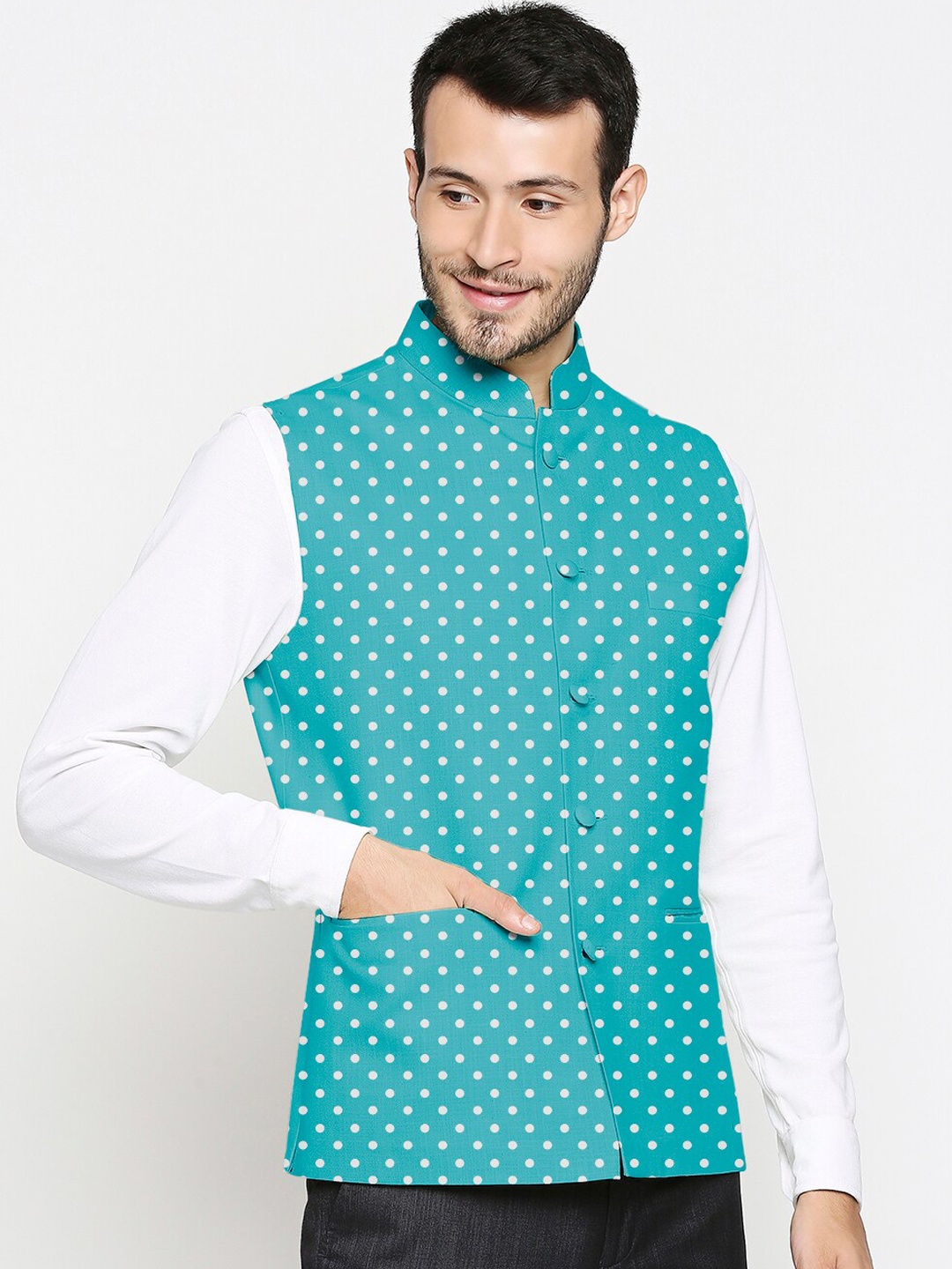 

Blacksmith Men Turquoise-Blue & White Printed Nehru Jacket