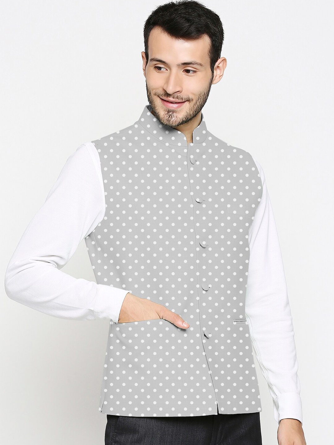 

Blacksmith Men Grey & White Printed Slim-Fit Nehru Jackets