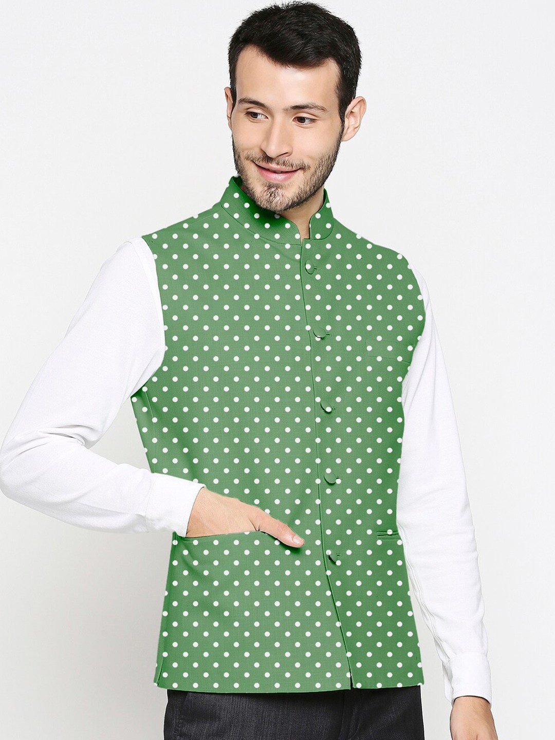 

Blacksmith Men Green & White Polka Dot Printed Slim Fit Nehru Jacket