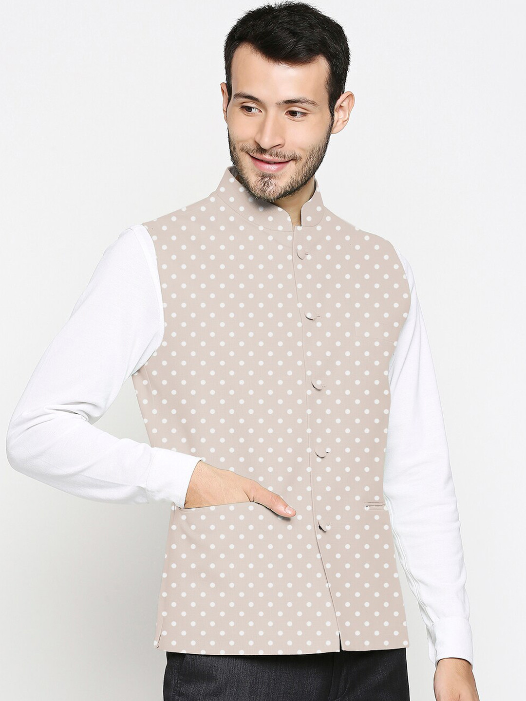 

Blacksmith Men Beige & White Printed Slim-Fit Nehru Jacket
