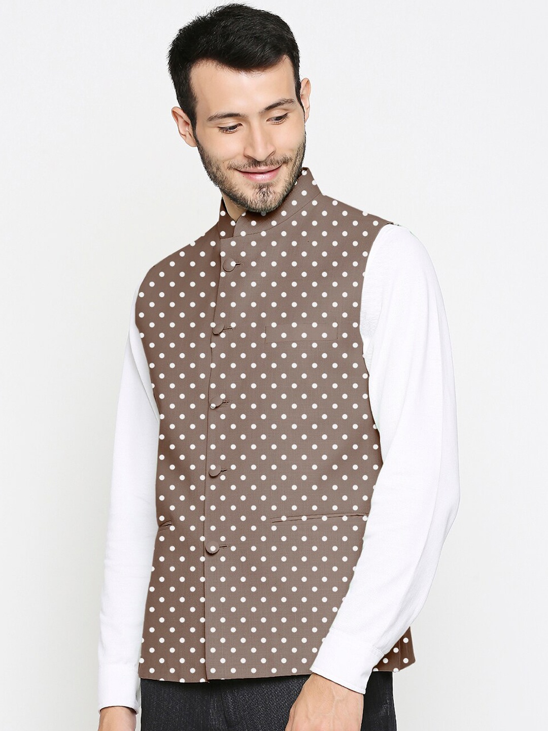 

Blacksmith Men Brown & White Printed Nehru Jacket