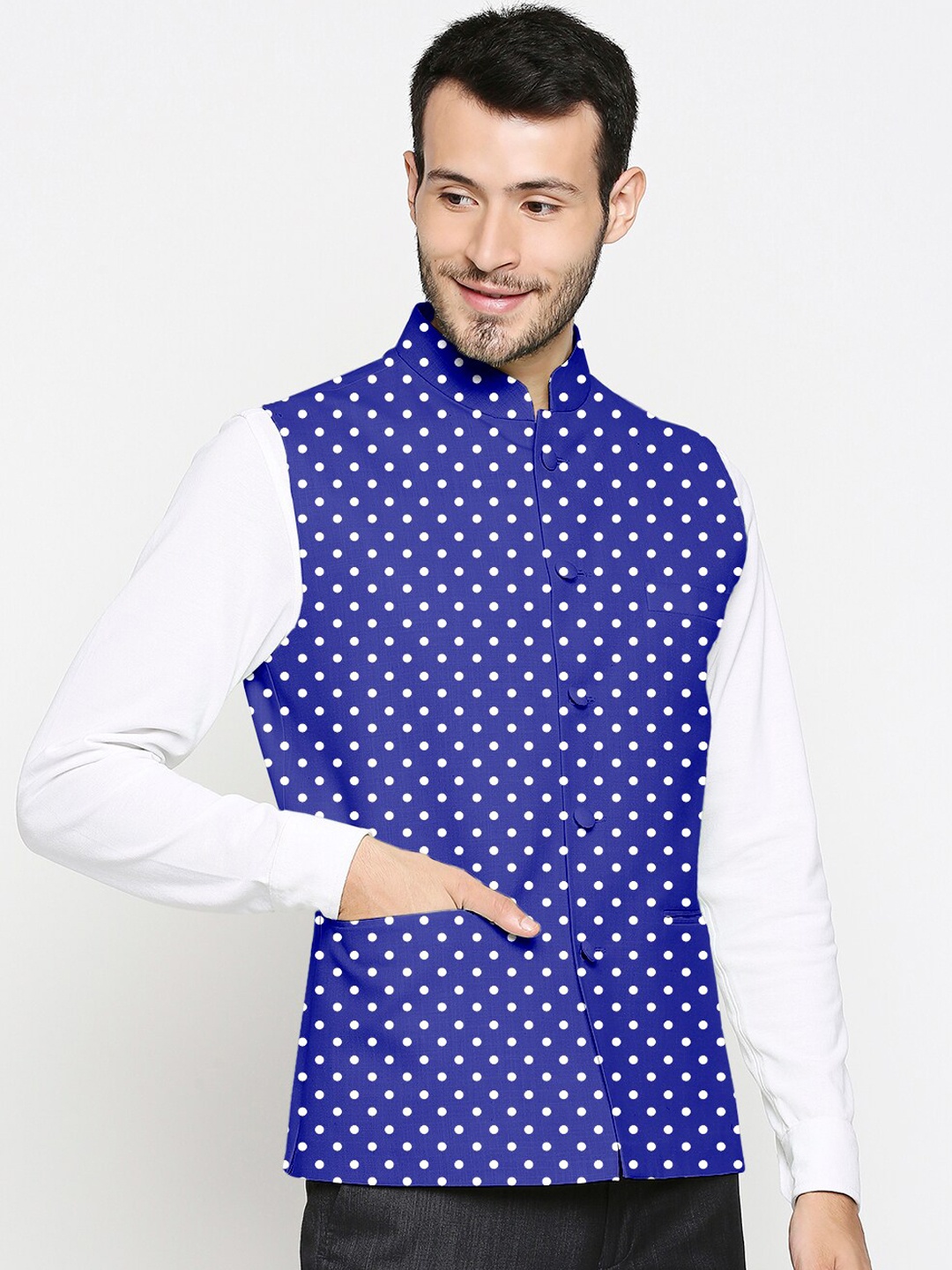 

Blacksmith Men Blue & White Polka Printed Slim-Fit Woven Nehru Jackets