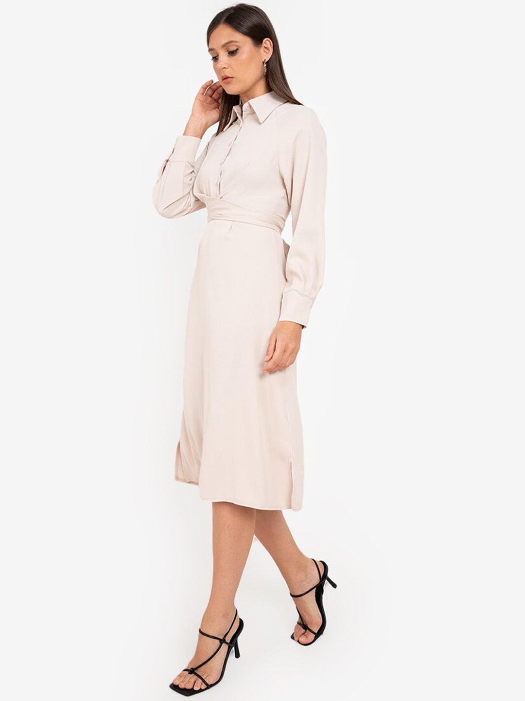 

ZALORA WORK Beige Wrap Waist Shirt Midi Dress