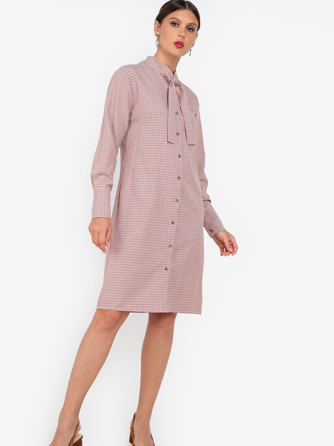 

ZALORA WORK Peach-Coloured & Blue Checked Tie-Up Neck Shirt Dress
