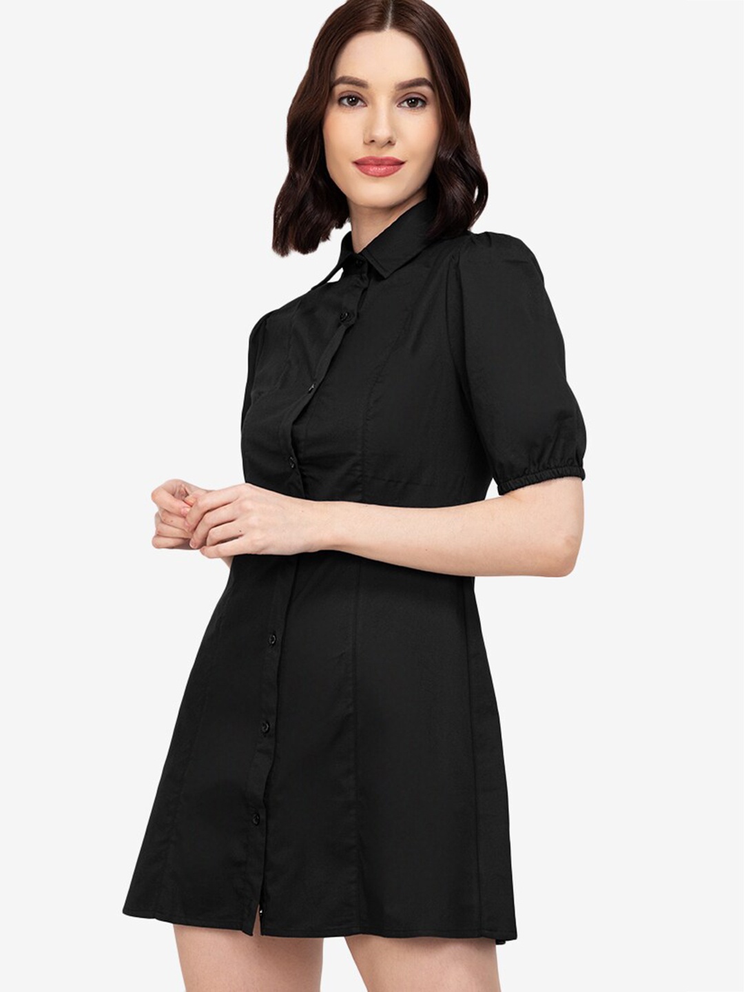 

ZALORA WORK Black Puff Sleeves Cotton Formal Shirt Mini Dress