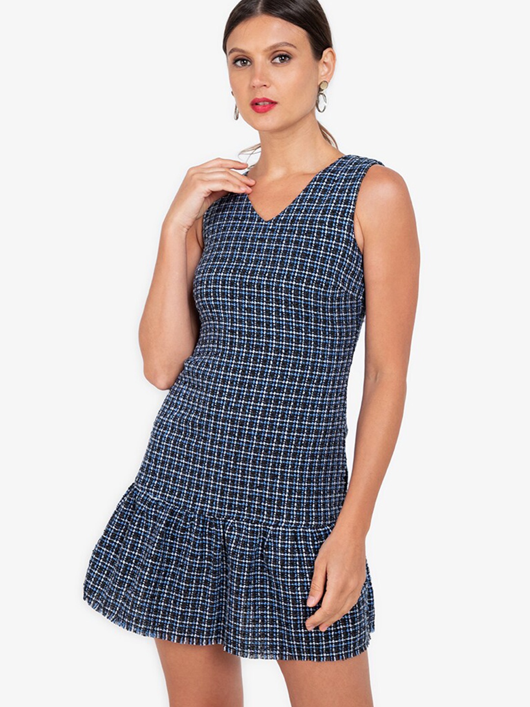 

ZALORA WORK Navy Blue & White Checked Drop-Waist Mini Dress
