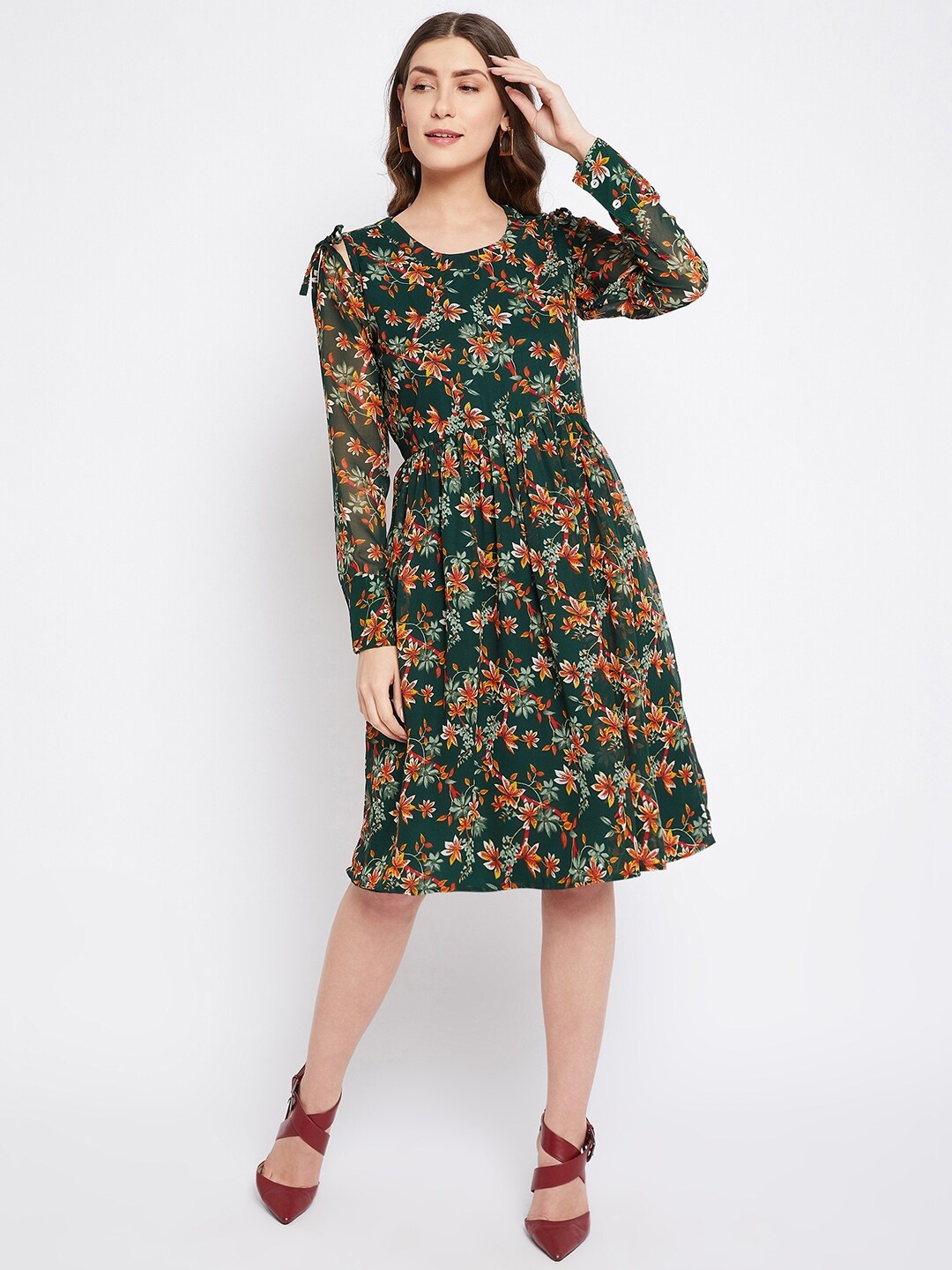 Bitterlime Green & Red Floral Georgette Dress