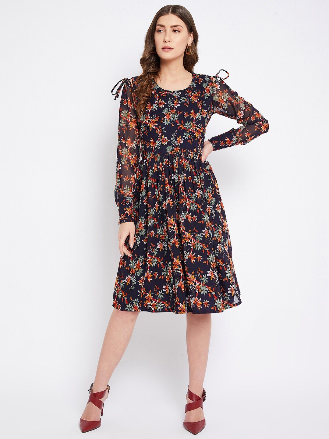 

Bitterlime Blue & Orange Floral Georgette Fit & Flare Dress