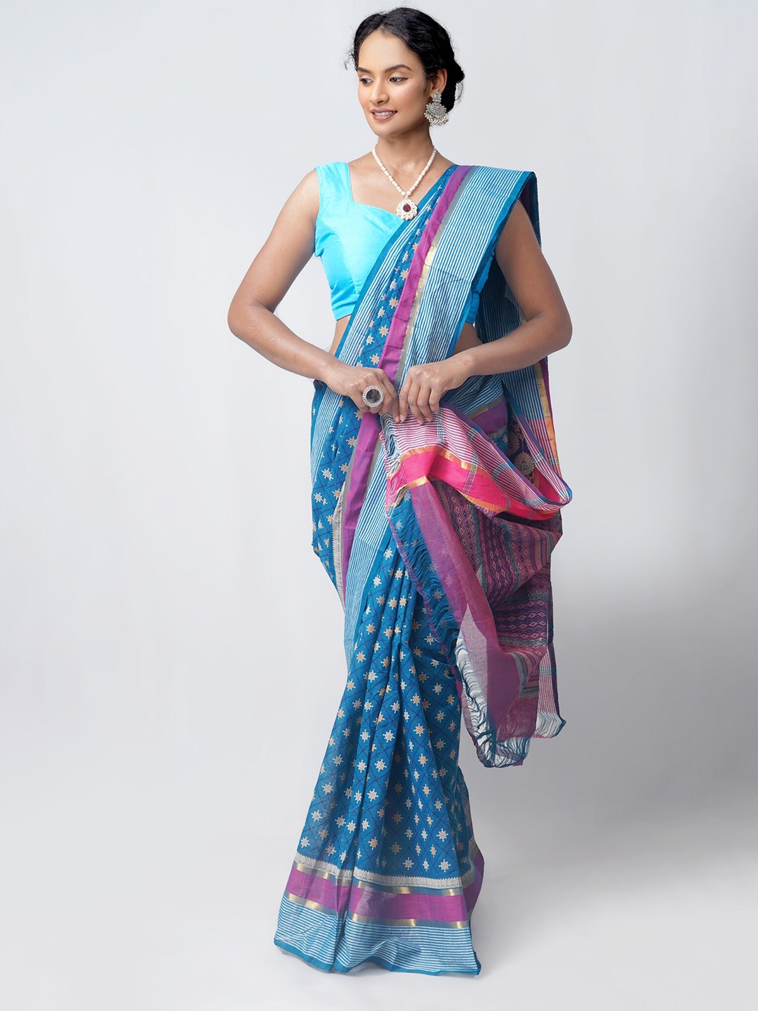 

Unnati Silks Blue & Pink Ethnic Motifs Zari Pure Cotton Mangalagiri Saree