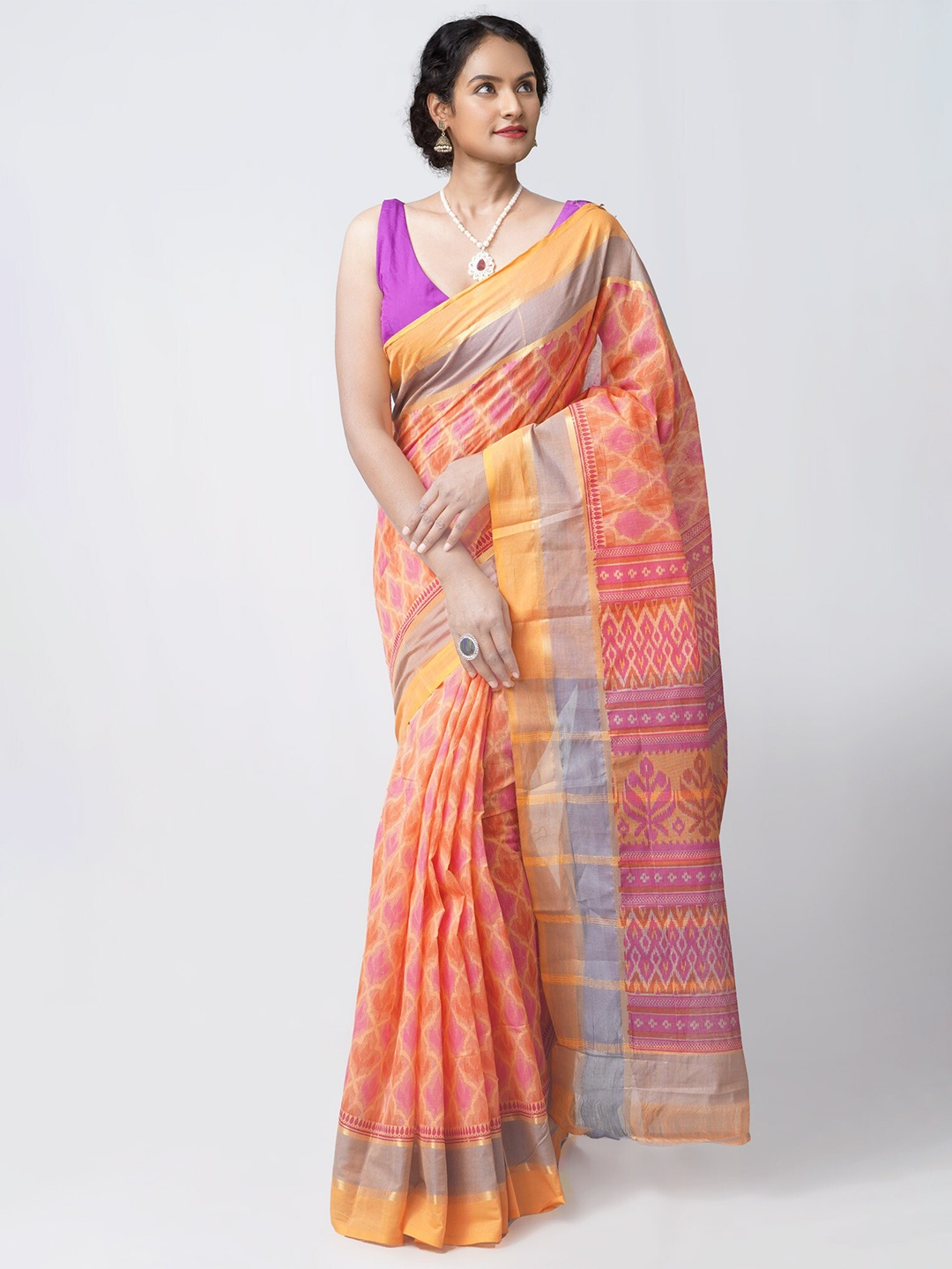 

Unnati Silks Orange & Pink Pure Cotton Mangalagiri Saree