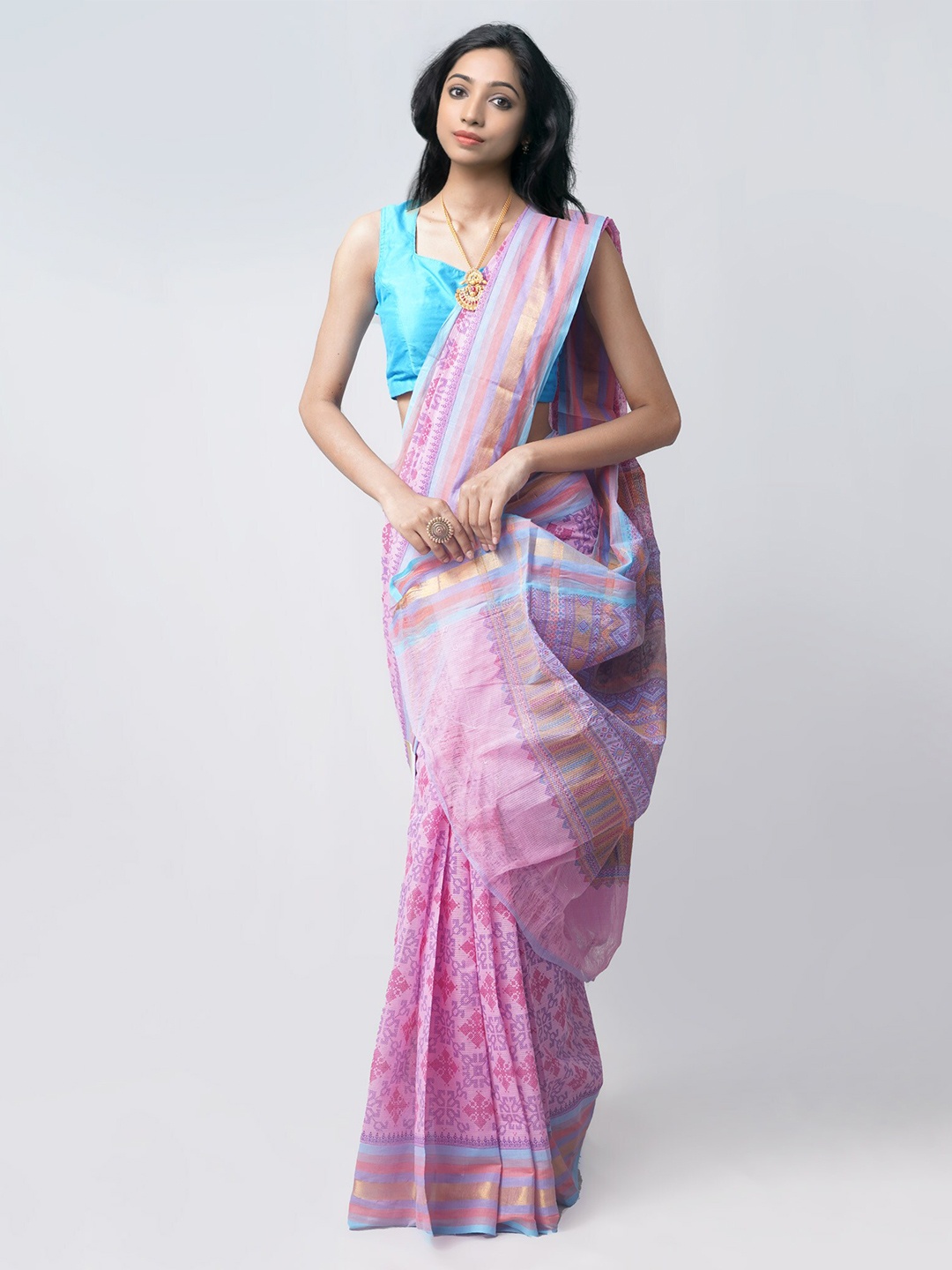 

Unnati Silks Pink & Blue Ethnic Motifs Zari Pure Cotton Mangalagiri Saree