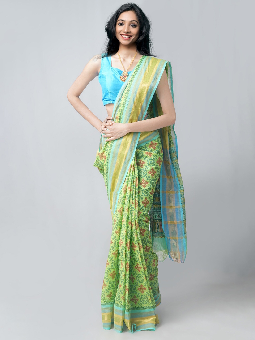 

Unnati Silks Green & Blue Ethnic Motifs Zari Pure Cotton Mangalagiri Saree