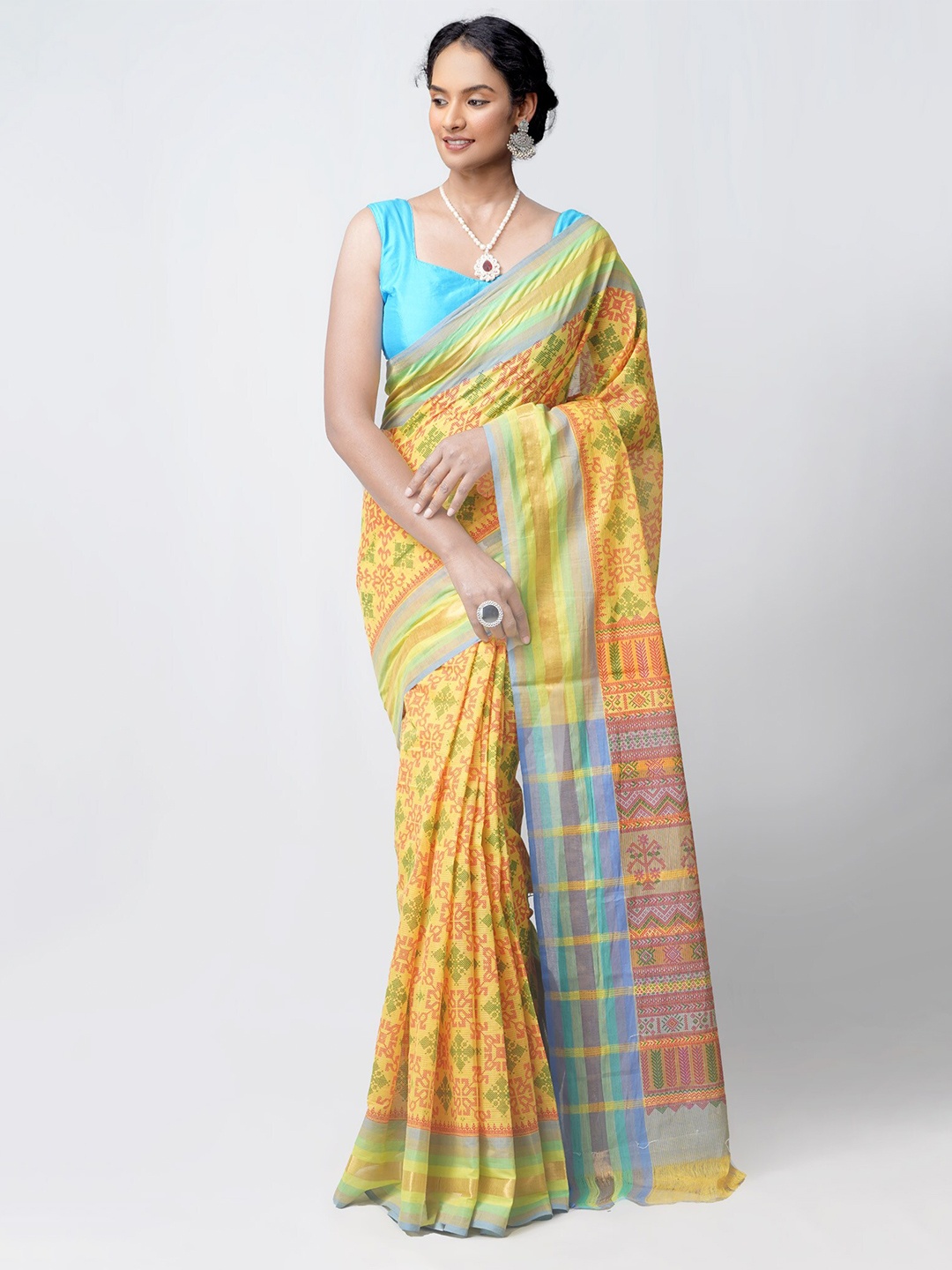 

Unnati Silks Yellow & Blue Ethnic Motifs Zari Pure Cotton Mangalagiri Saree